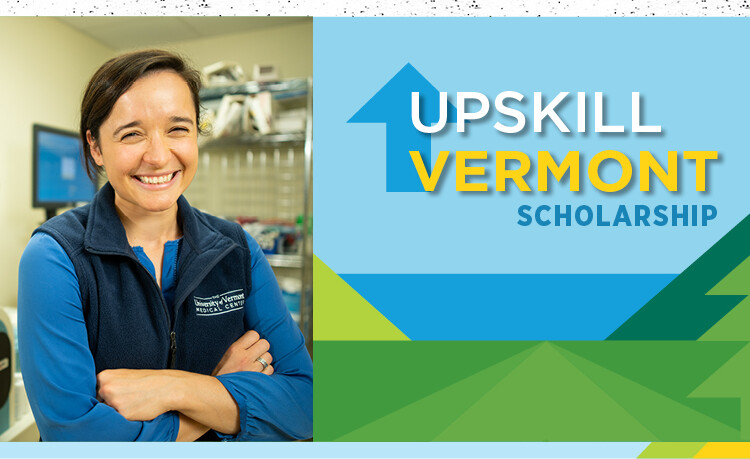 upskill Vermont graphic with smiling post bacc pre med student