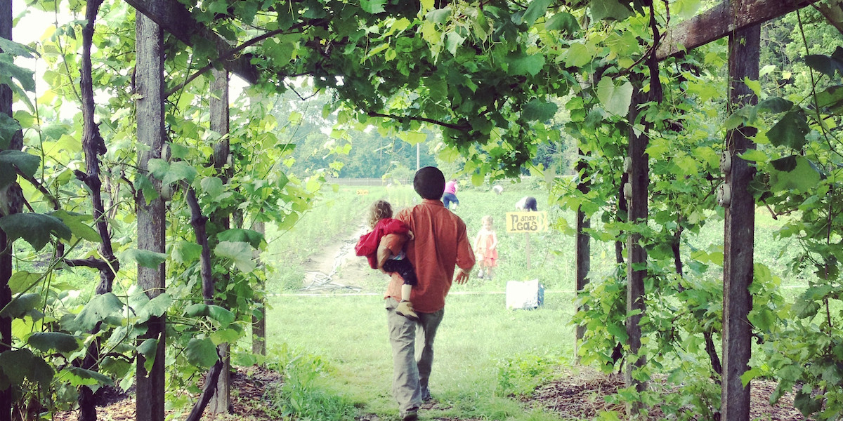Man and child walking grapevine