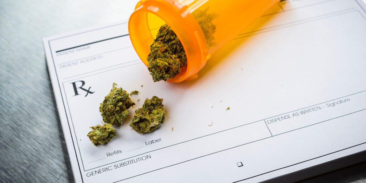 A prescription bottle with cannabis coming out of it on top of a prescription pad..