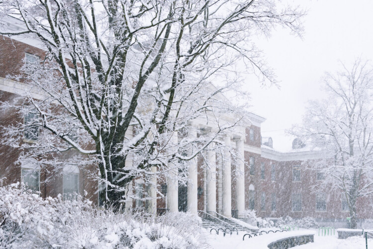 UVM Campus buildings in a winter snowstorm