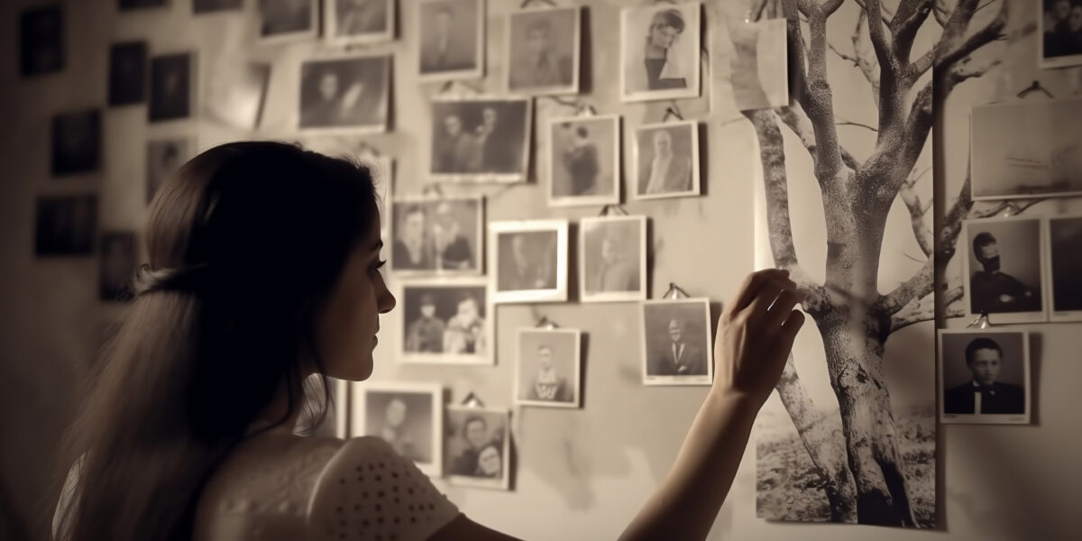 Family tree concept, dna, genes, ancestors. A woman hangs old photographs of her family on the wall. AI generated Generative AI