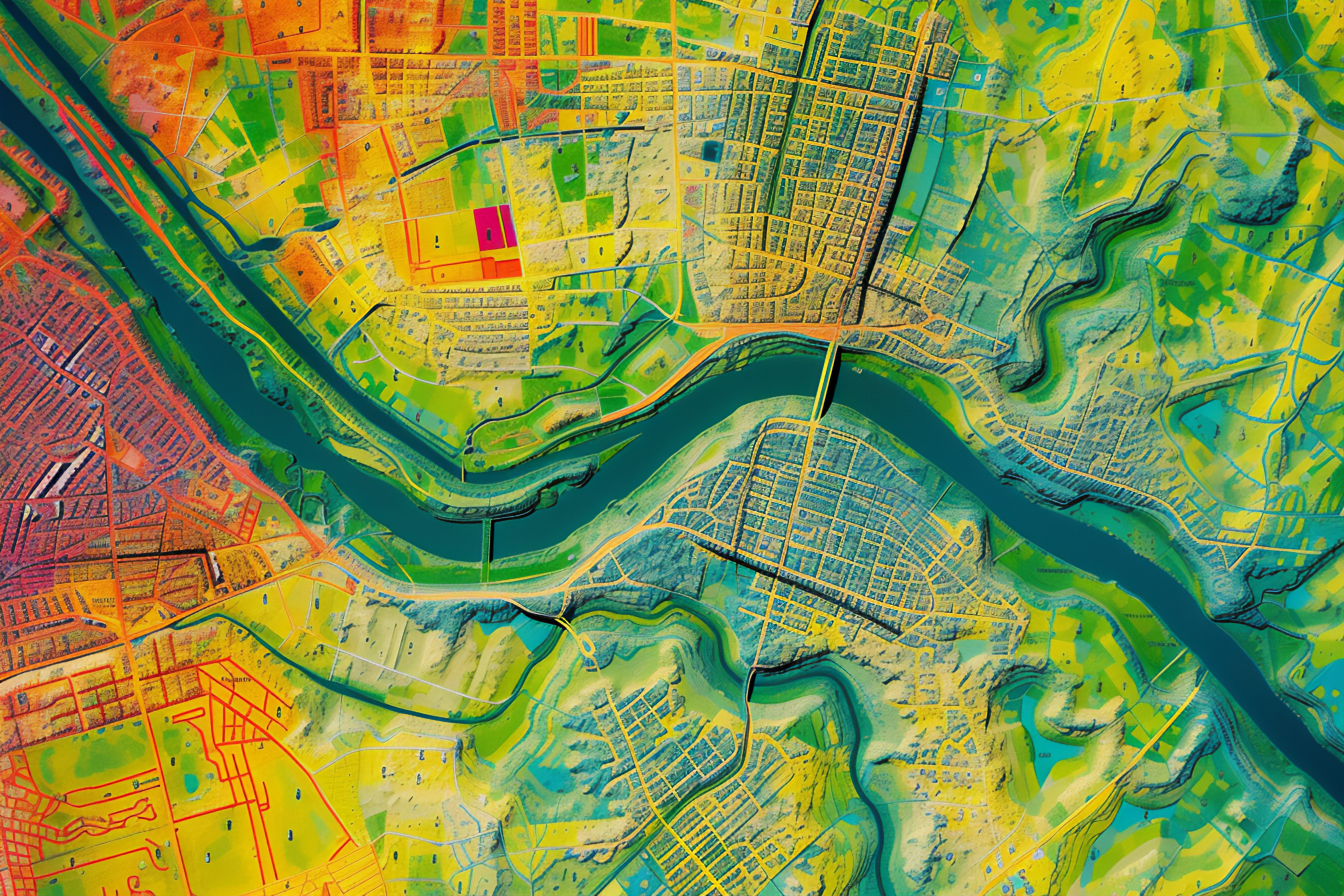 GIS 3D illustration made after processing aerial pictures of a city and river taken from a drone.