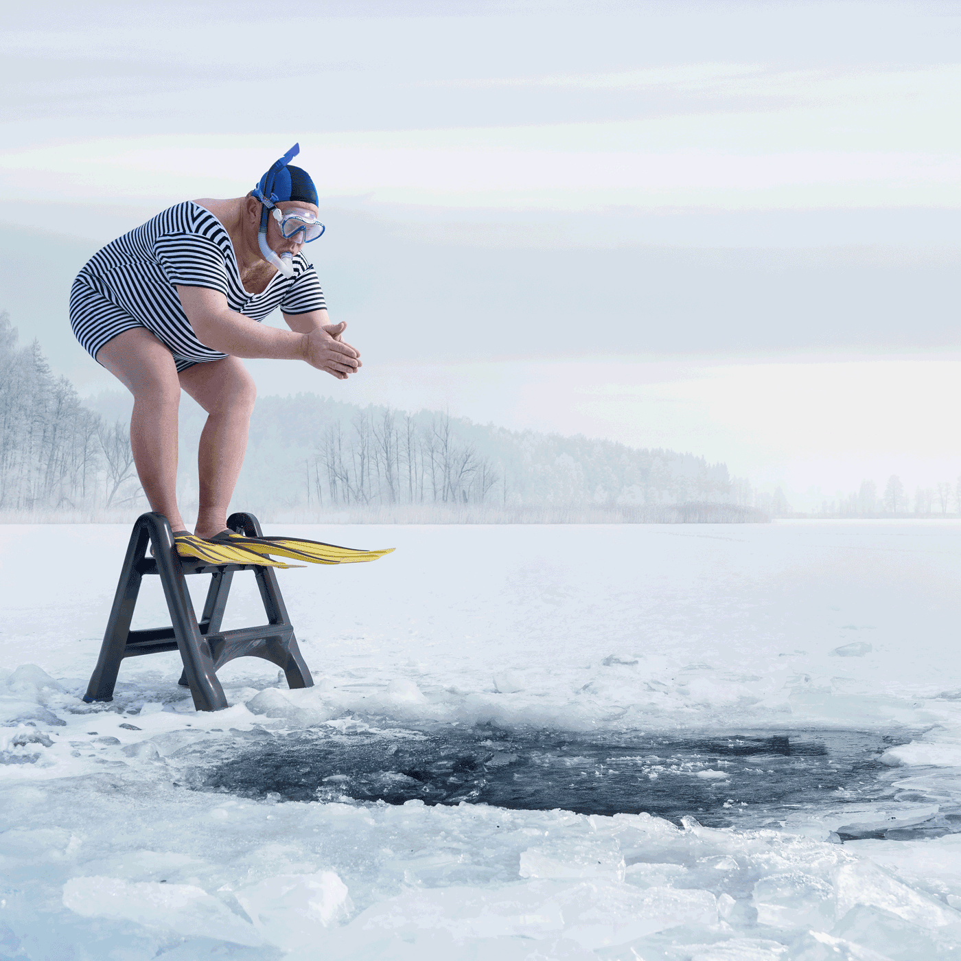 Man dressed for the beach standing on a step-stool about to dive into a hole in a frozen lake