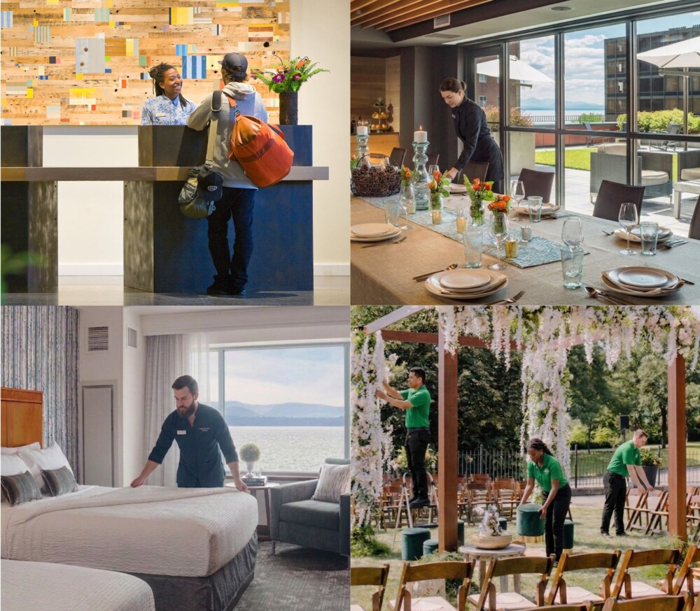 Group of photos in a square, including a hotel lobby with guests checking in, dining room with staff setting table, hotel room with staff making the bed, and wedding event setup with staff members arranging the event site.