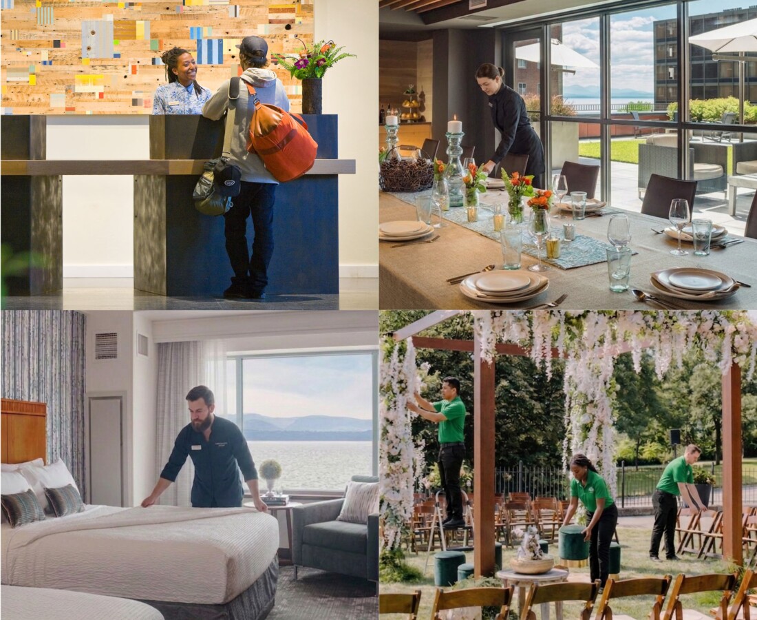 Group of photos in a square, including a hotel lobby with guests checking in, dining room with staff setting table, hotel room with staff making the bed, and wedding event setup with staff members arranging the event site.