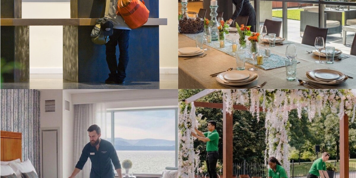 Group of photos in a square, including a hotel lobby with guests checking in, dining room with staff setting table, hotel room with staff making the bed, and wedding event setup with staff members arranging the event site.