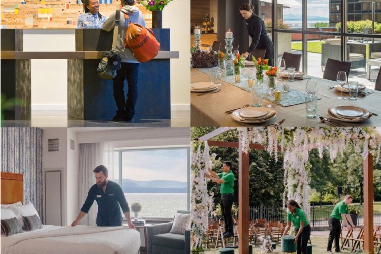 Group of photos in a square, including a hotel lobby with guests checking in, dining room with staff setting table, hotel room with staff making the bed, and wedding event setup with staff members arranging the event site.