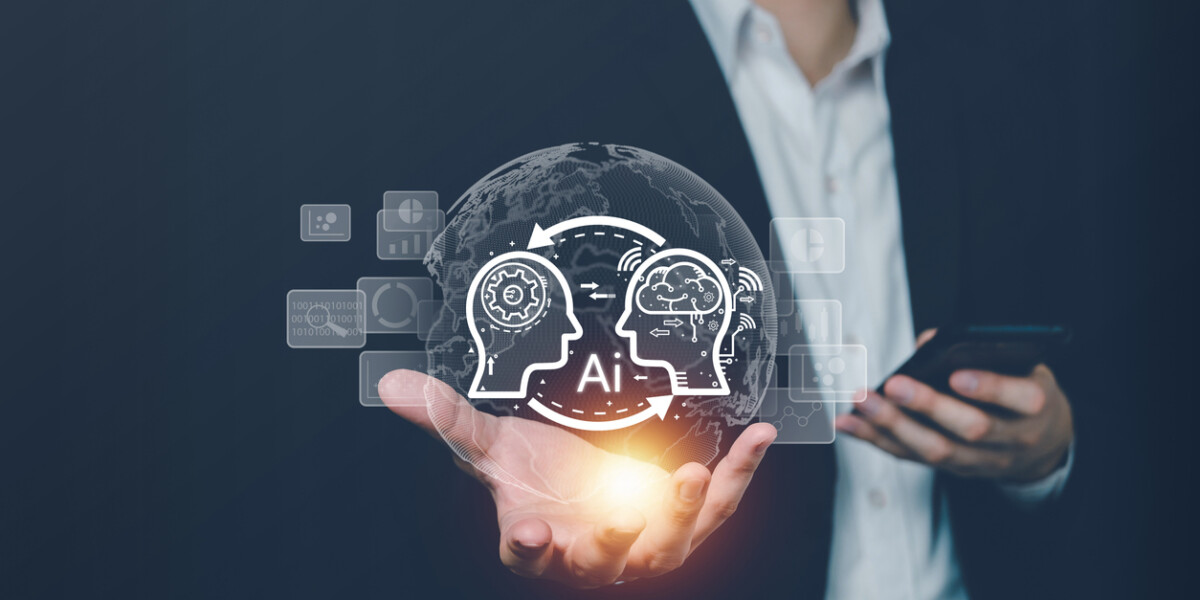 AI technology graphic showing a person in a suit jacket with no tie holding a bright sphere in their hand