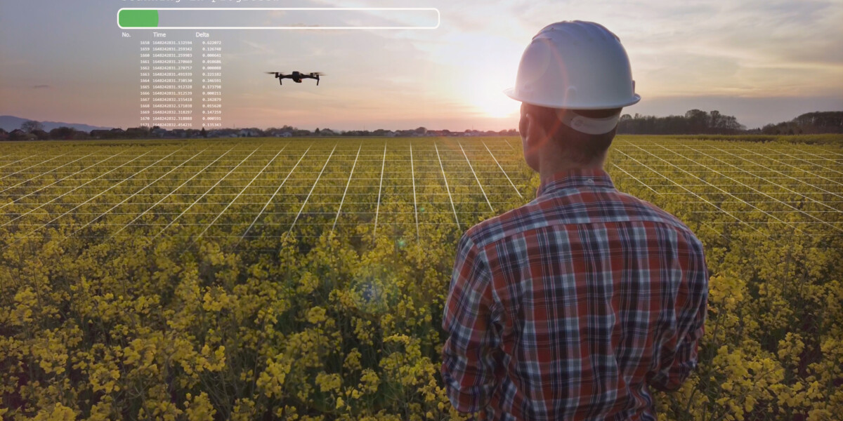 Intro to UAS and Geospatial Applications. Engineer using an Agritech drone to scan agricultural fields with 2D graphics.