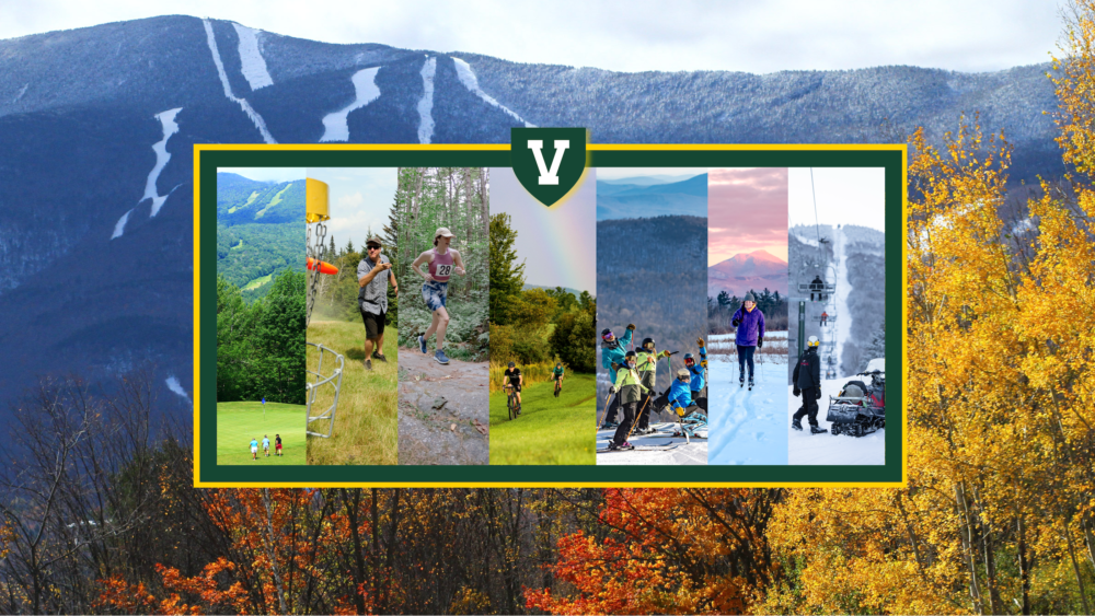 A montage of images including biking, skiing, snowboarding, running, and golf, each of which is a focus of the Snowsports and Outdoor Recreation Certificate at the University of Vermont.