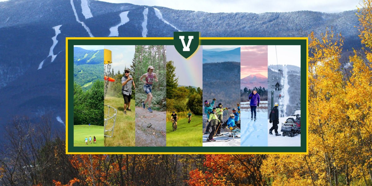 A montage of images including biking, skiing, snowboarding, running, and golf, each of which is a focus of the Snowsports and Outdoor Recreation Certificate at the University of Vermont.
