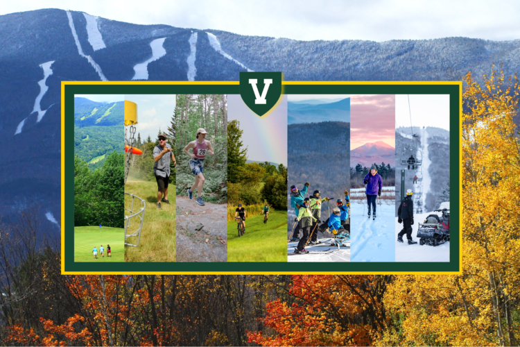 A montage of images including biking, skiing, snowboarding, running, and golf, each of which is a focus of the Snowsports and Outdoor Recreation Certificate at the University of Vermont.