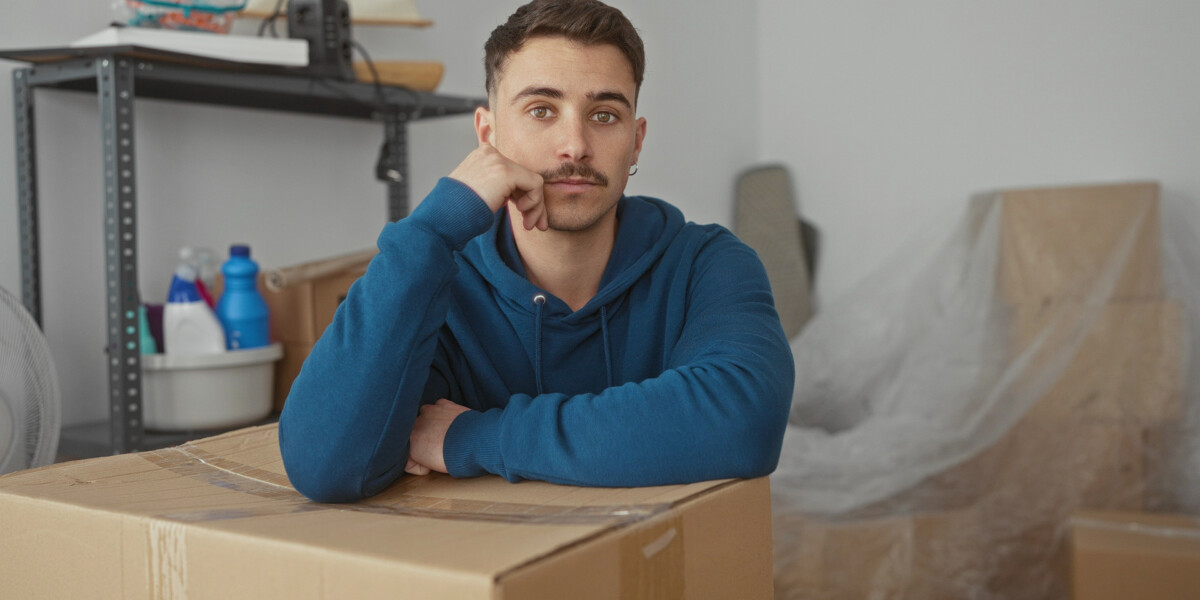 Person in a blue hoodie leaning on cardboard box in new apartment surrounded by unpacked item.