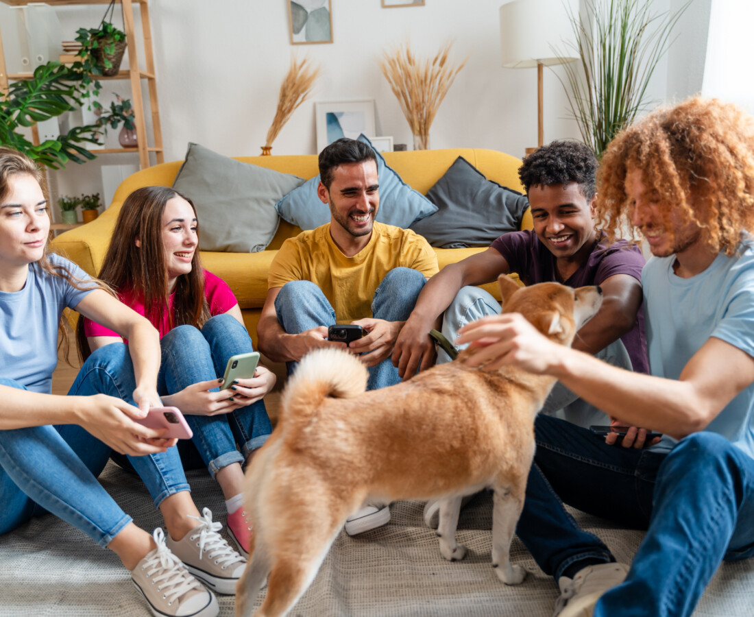 Pet Loss Support Group Specialist sitting with group of people with a pet dog getting attention.