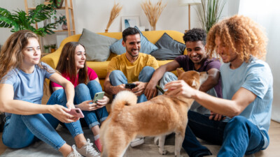 Pet Loss Support Group Specialist sitting with group of people with a pet dog getting attention.